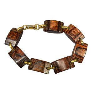 Vintage Rectangle Wood Bead Gold Tone Link Bracelet Mens or Womens Unisex